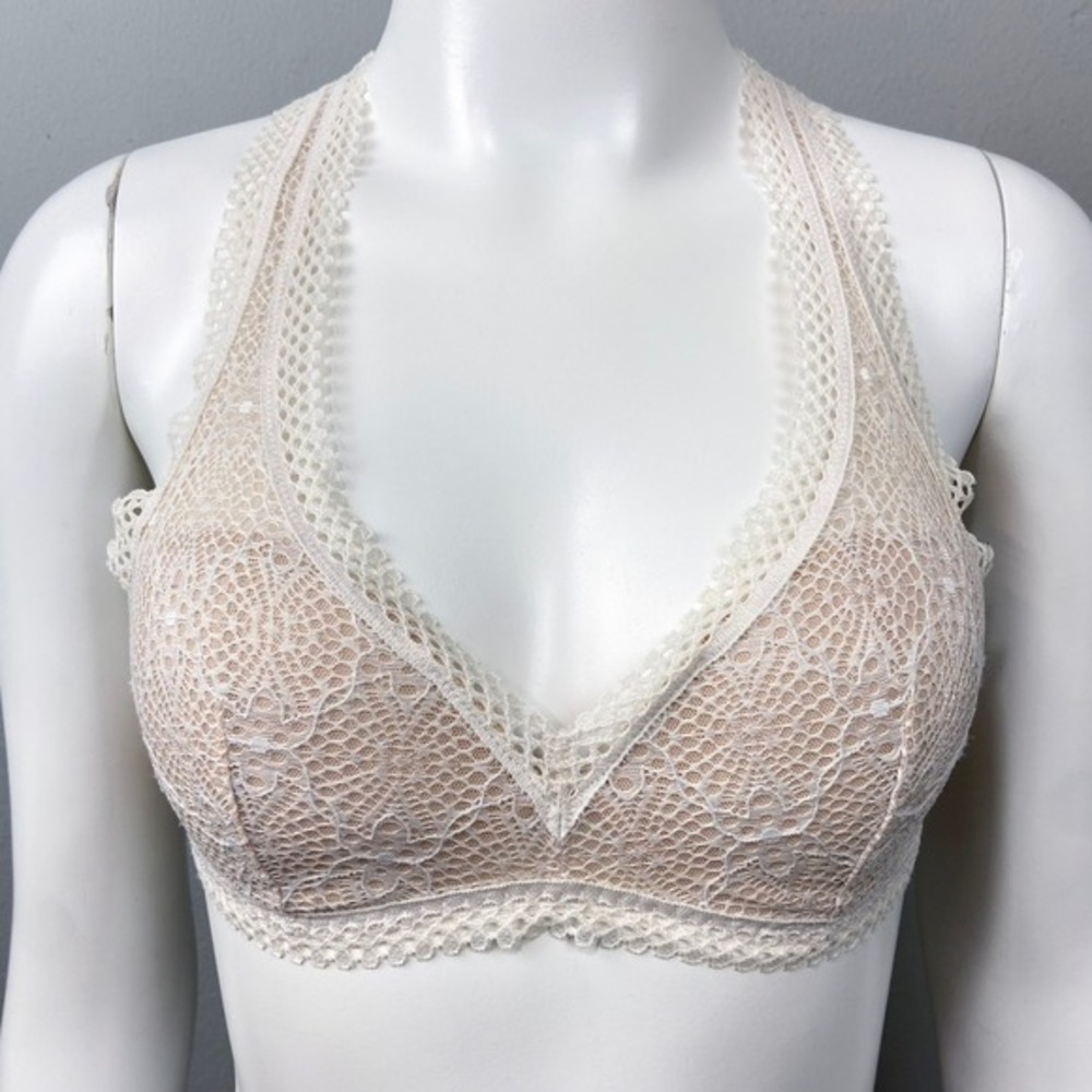 Victorias Secret Lace Trim Bralette Ivory White Size XS Racerback Crochet Halter